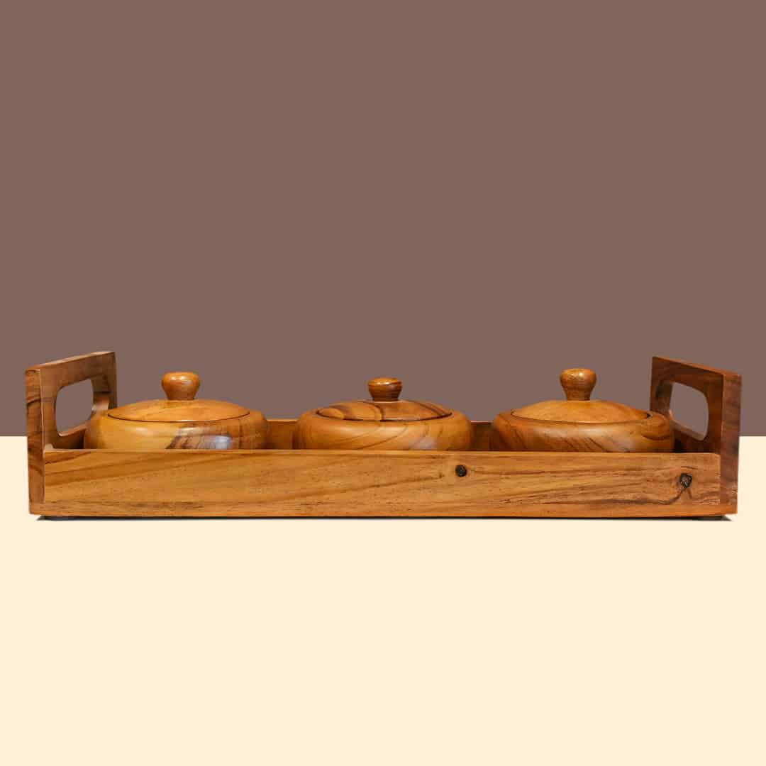 Wooden Tray with 3 Pots Combo