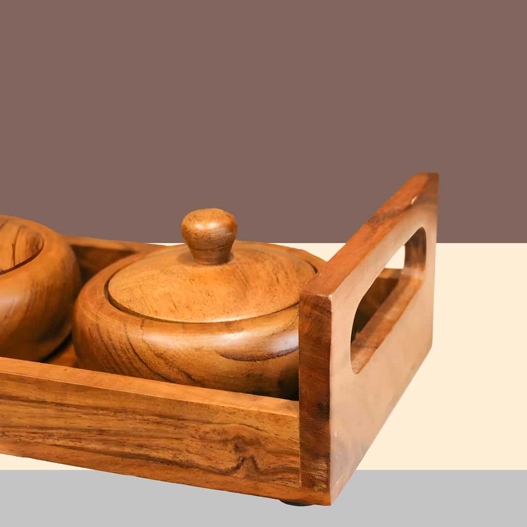 Wooden Tray with 3 Pots Combo
