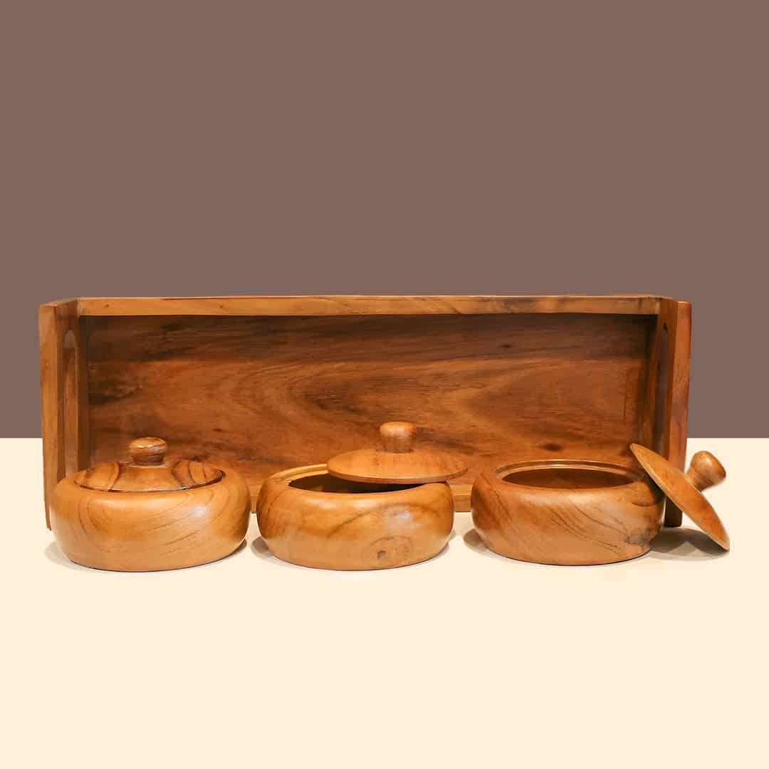 Wooden Tray with 3 Pots Combo