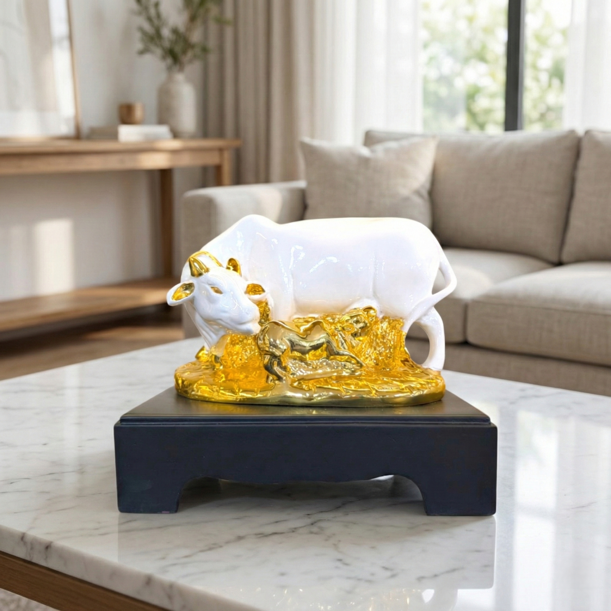 Auspicious Small Kamadhenu Cow and Calf Decorative Statue | Handcrafted Figurine for Home Temple, Vastu, and Prosperity Decor