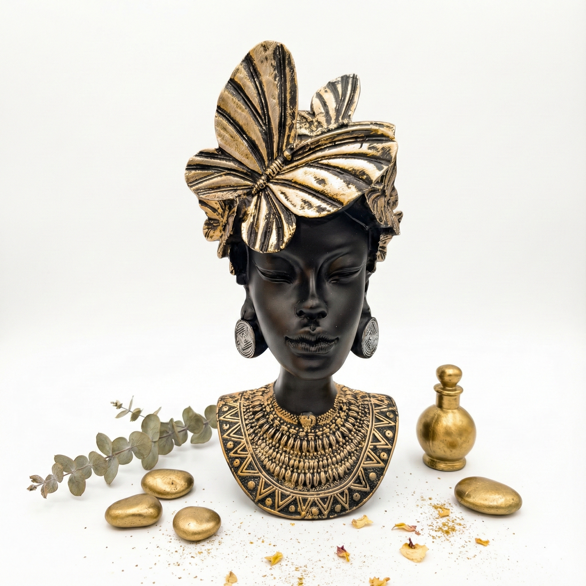 Decorative African Lady Bust Sculpture | Butterfly Crown Headpiece | Global Contemporary Interior Art