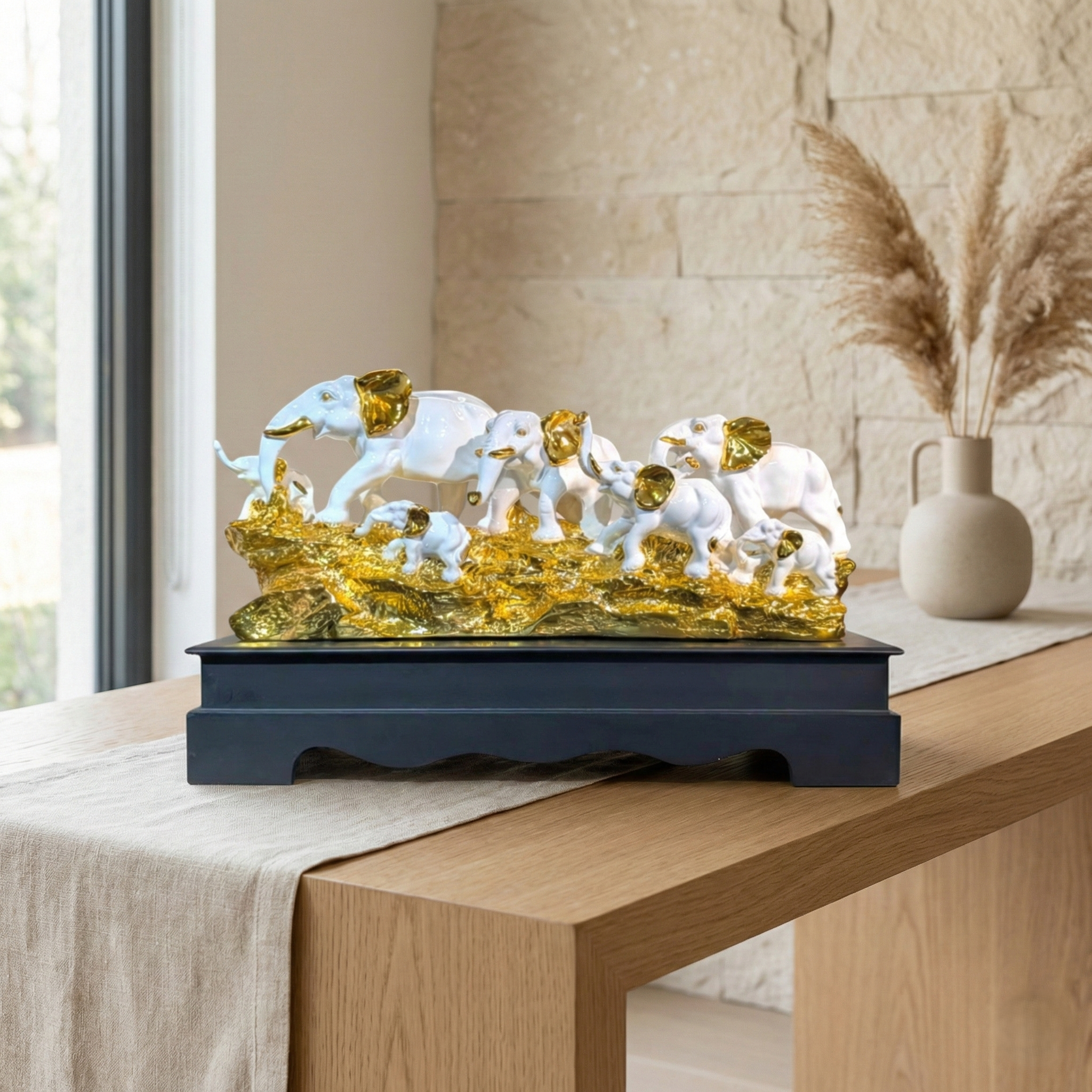 Majestic 7-Elephant Family Sculpture - Detailed Luxury Home Accents Statue for Table Centerpiece Decor