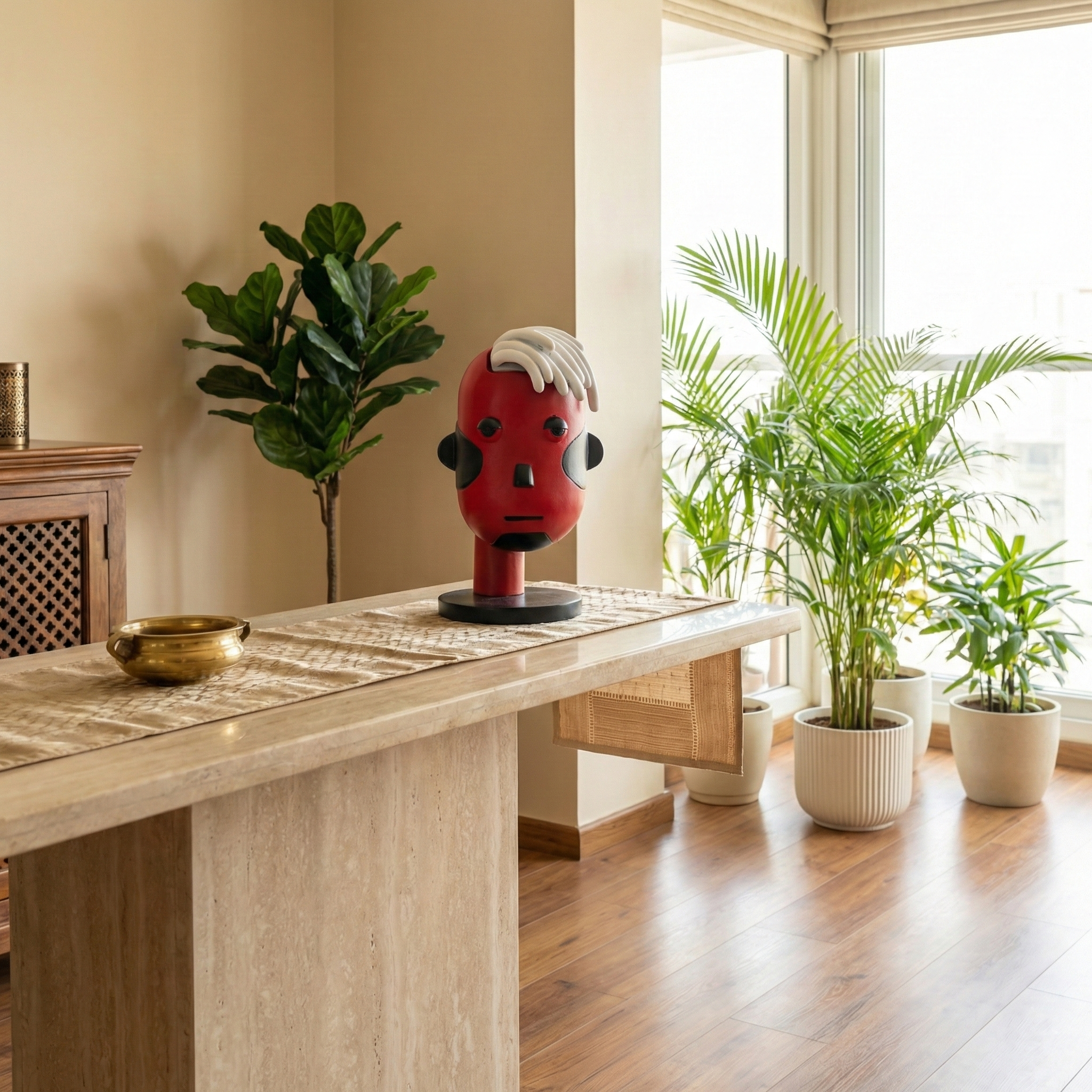 Pop Art Abstract Head Sculpture | Modern Polyresin Face Statue for Desk & Shelf Decor | Red, Black, and White Home Accents Statement Piece