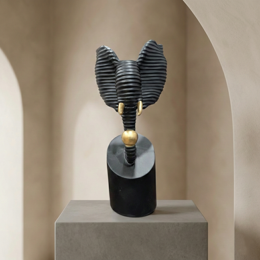 Abstract Elephant Texture Head Sculpture | Polyresin Tabletop Decor | Modern Ribbed Showpiece