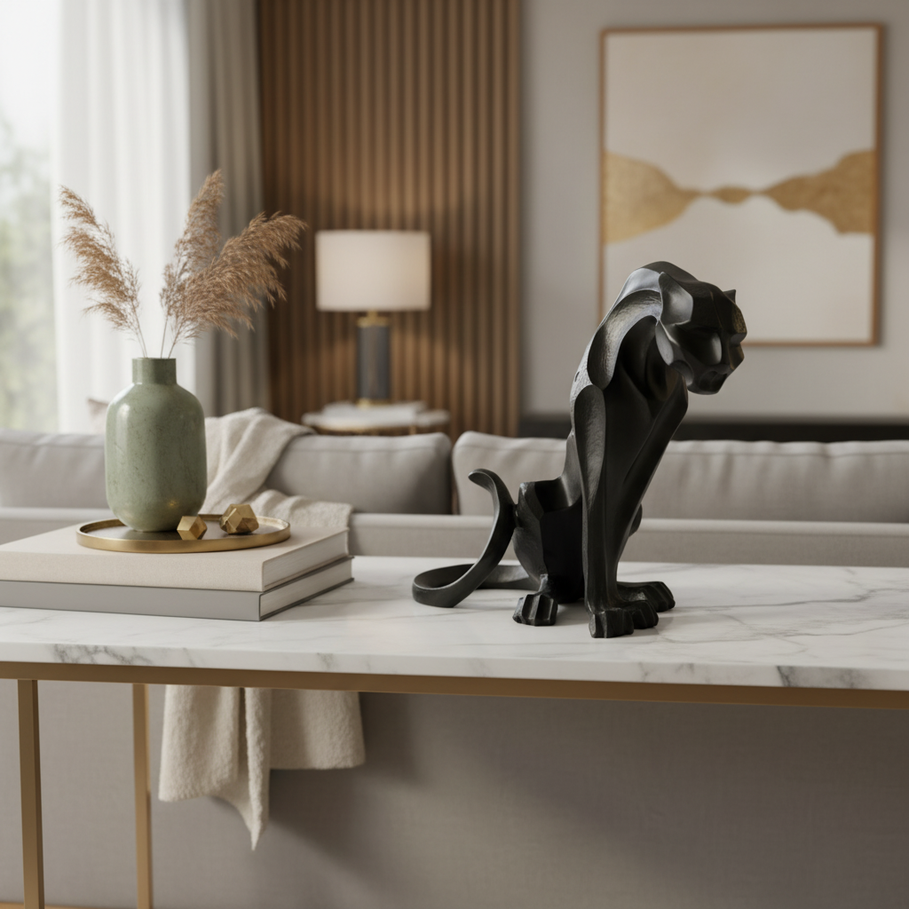 Abstract Geometric Panther Figurine | Polyresin Seated Big Cat Sculpture | Modern Tabletop Decor