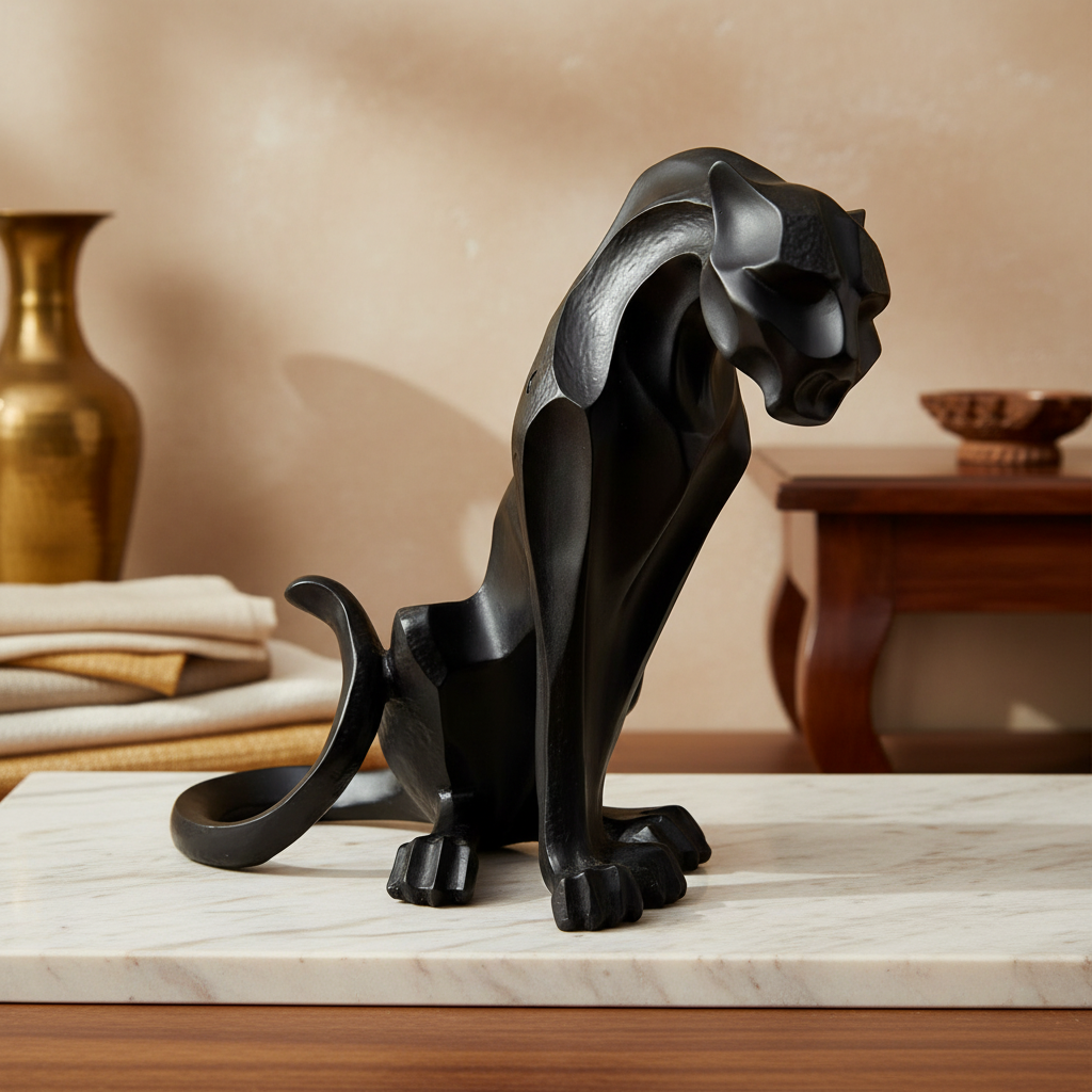 Abstract Geometric Panther Figurine | Polyresin Seated Big Cat Sculpture | Modern Tabletop Decor