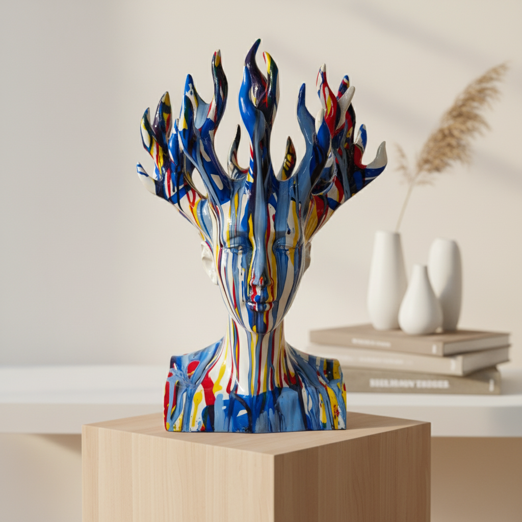 Abstract Drip Art Female Bust Fire Sculpture, Polyresin Decorative Showpiece for Modern Interiors