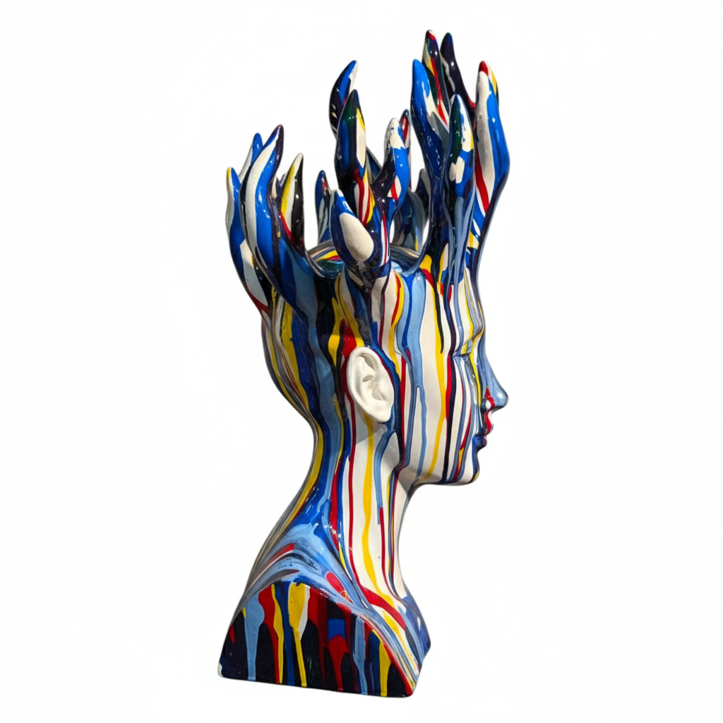 Abstract Drip Art Female Bust Fire Sculpture, Polyresin Decorative Showpiece for Modern Interiors