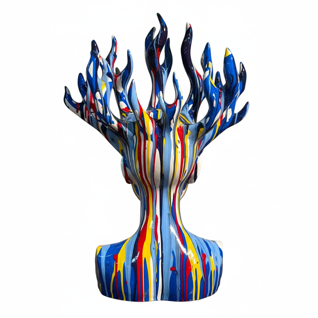 Abstract Drip Art Female Bust Fire Sculpture, Polyresin Decorative Showpiece for Modern Interiors