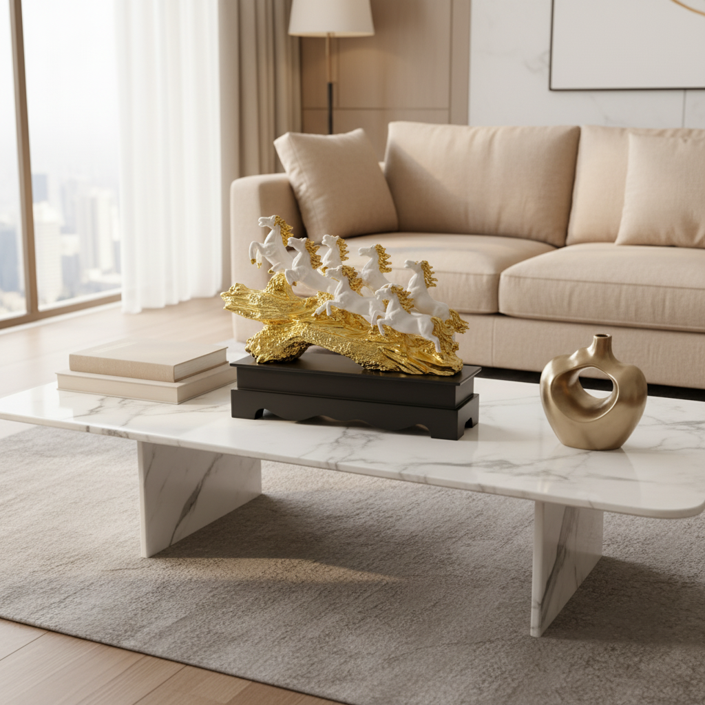 7 Running Horses Golden Sculpture | Decorative Glam Table Centerpiece Showpiece for Office and Home Accents