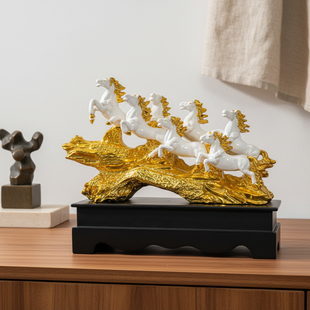 7 Running Horses Golden Sculpture | Decorative Glam Table Centerpiece Showpiece for Office and Home Accents