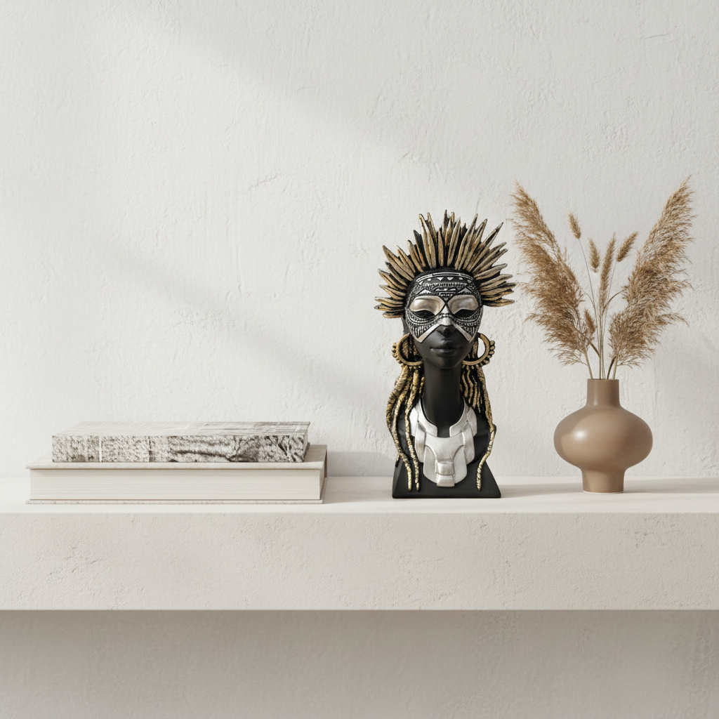 African Lady  Bust Sculpture, Modern Tribal Art Showpiece for Console Tables and Shelves