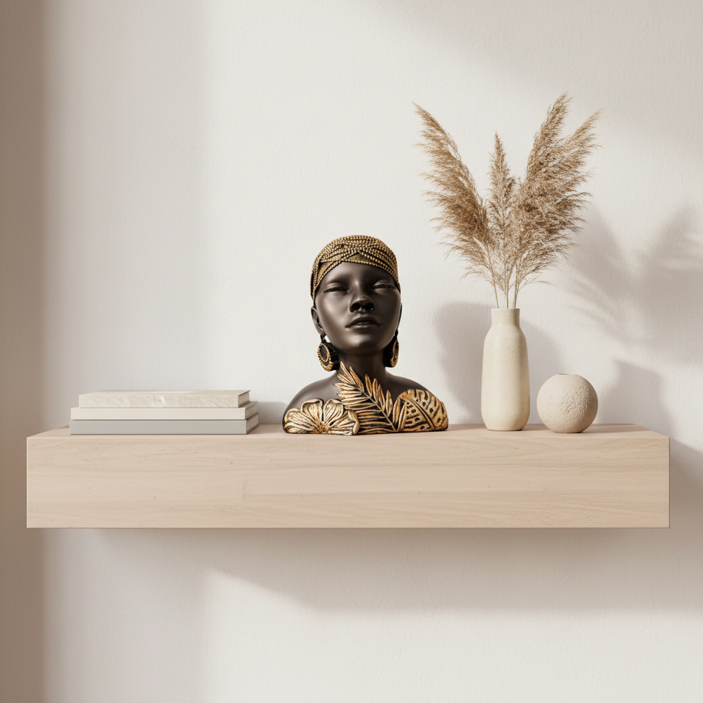 Contemporary African Lady Bust Sculpture with Metallic Botanical Accents for Tabletop Display