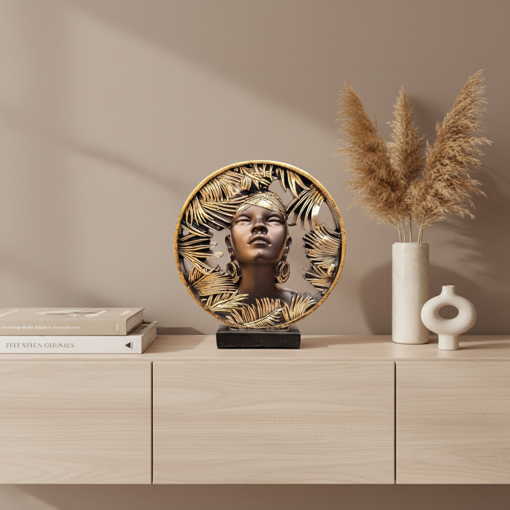 African Lady Figure Sculpture | Tropical Leaf Motif Tabletop Showpiece | Modern Decorative Bust