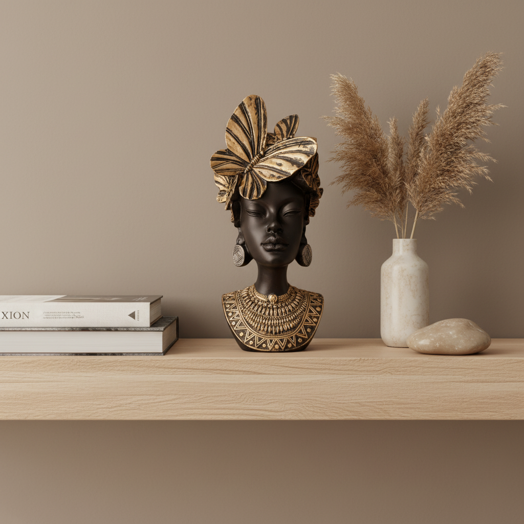 Decorative African Lady Bust Sculpture | Butterfly Crown Headpiece | Global Contemporary Interior Art