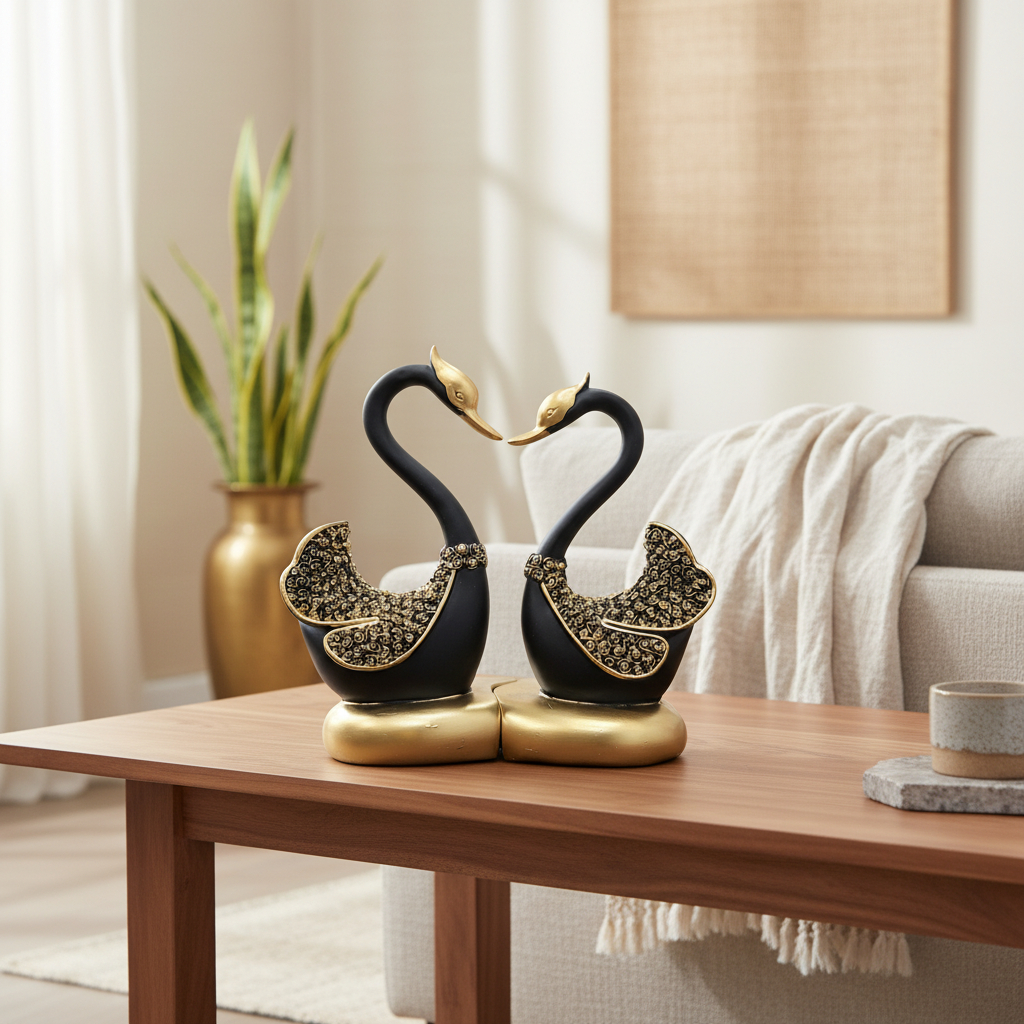 Mating Swan Sculpture Pair | Decorative Table Showpiece | Contemporary Figurine Art