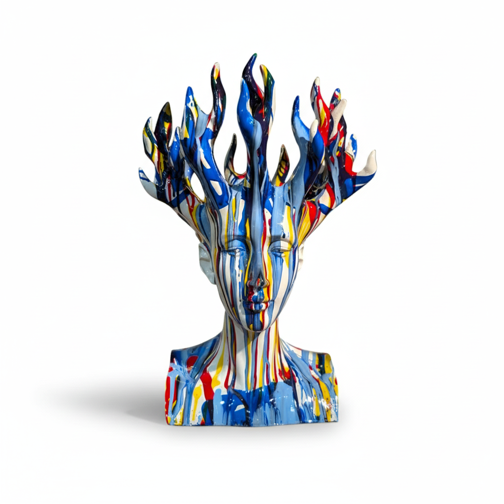 Abstract Drip Art Female Bust Fire Sculpture, Polyresin Decorative Showpiece for Modern Interiors