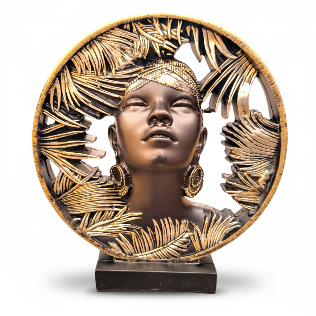 African Lady Figure Sculpture | Tropical Leaf Motif Tabletop Showpiece | Modern Decorative Bust