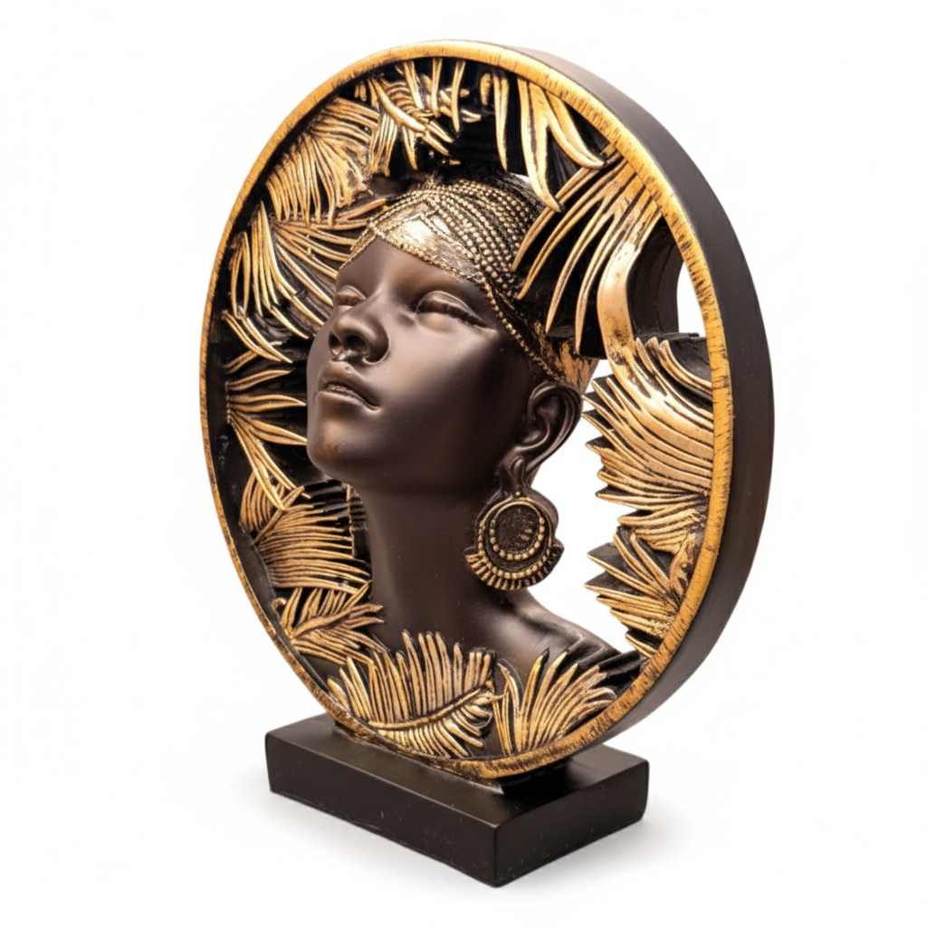 African Lady Figure Sculpture | Tropical Leaf Motif Tabletop Showpiece | Modern Decorative Bust