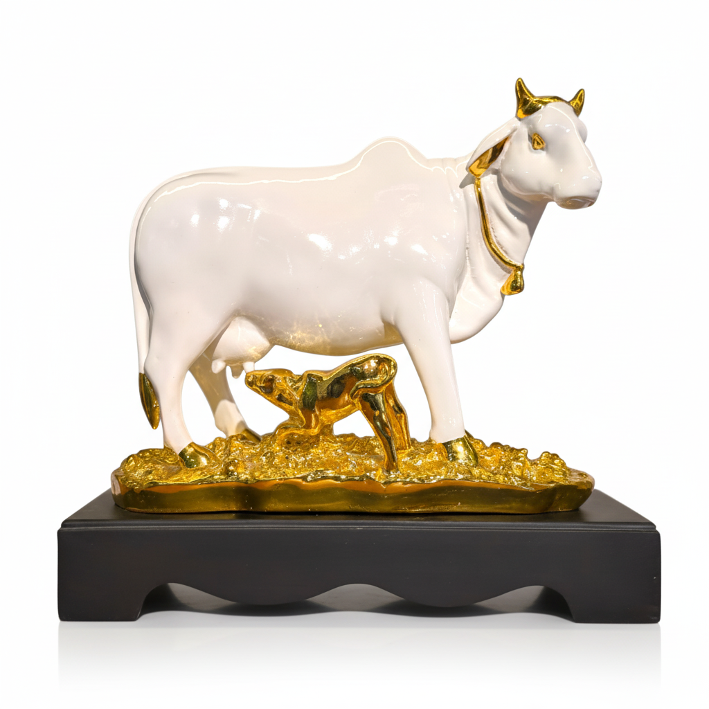 Auspicious Large Kamadhenu Cow and Calf Decorative Statue | Handcrafted Figurine for Home Temple, Vastu, and Prosperity Decor