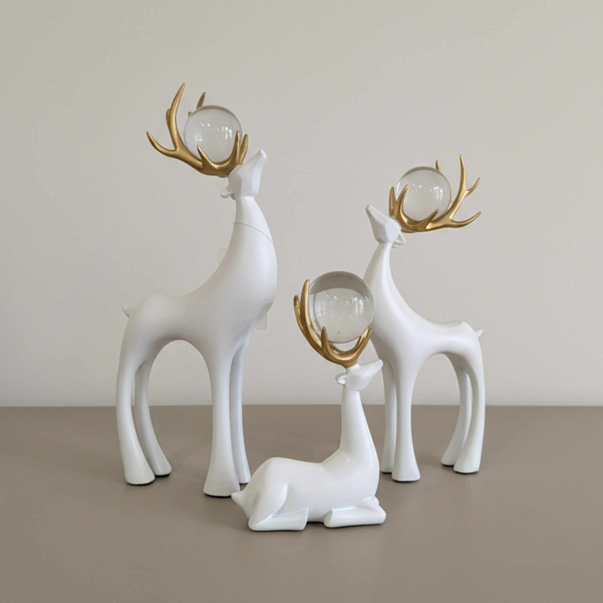 White Deer Family Set of 3 Sculpture Figurine | Polyresin Tabletop Showpiece with Gilded Orb | Modern Interior Decor Accent