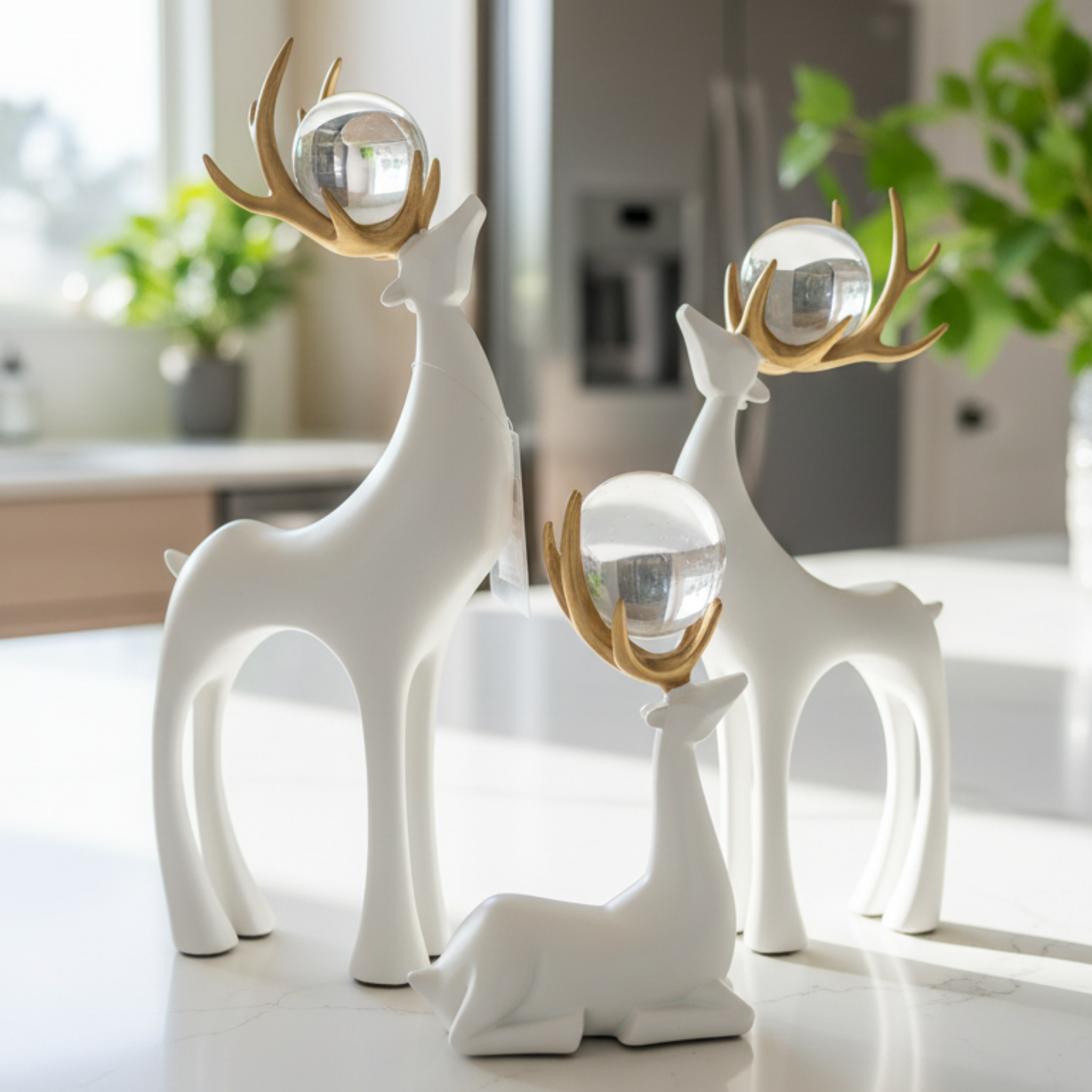 White Deer Family Set of 3 Sculpture Figurine | Polyresin Tabletop Showpiece with Gilded Orb | Modern Interior Decor Accent