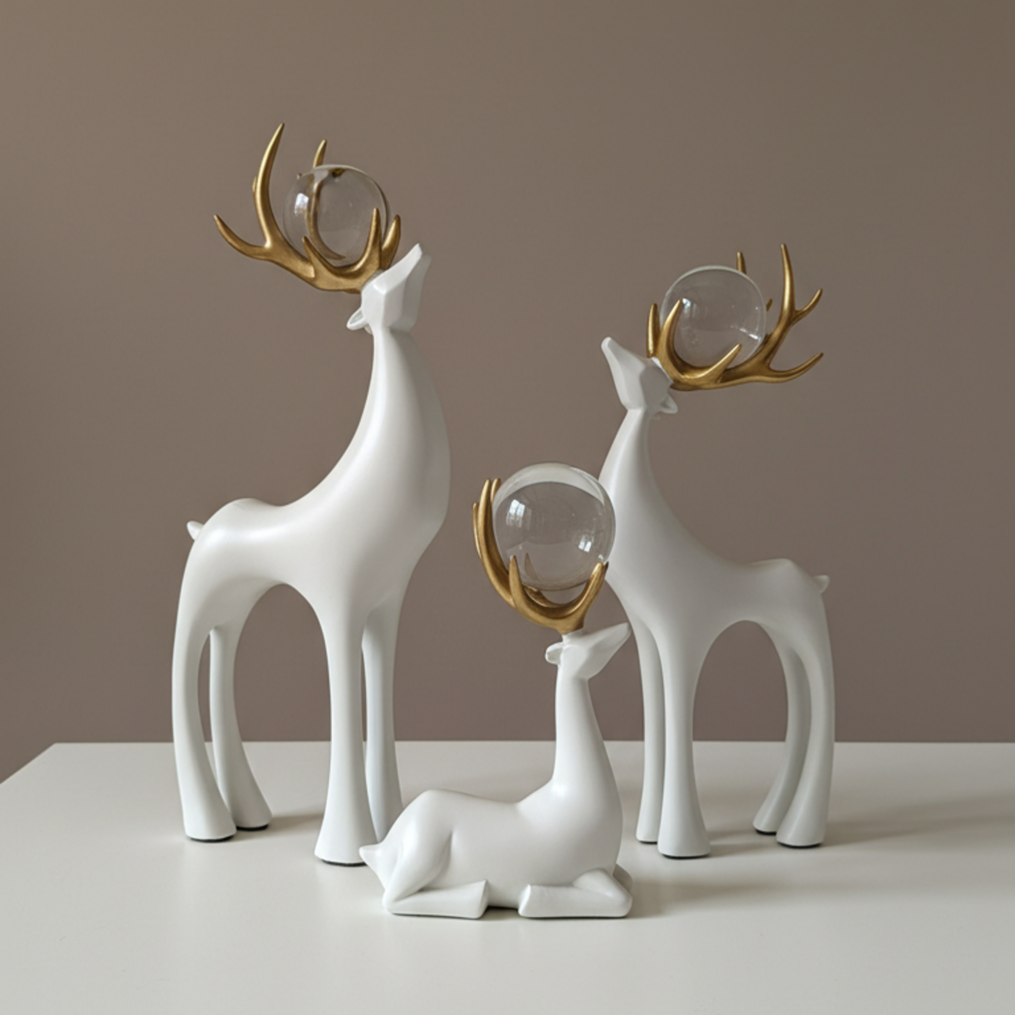 White Deer Family Set of 3 Sculpture Figurine | Polyresin Tabletop Showpiece with Gilded Orb | Modern Interior Decor Accent