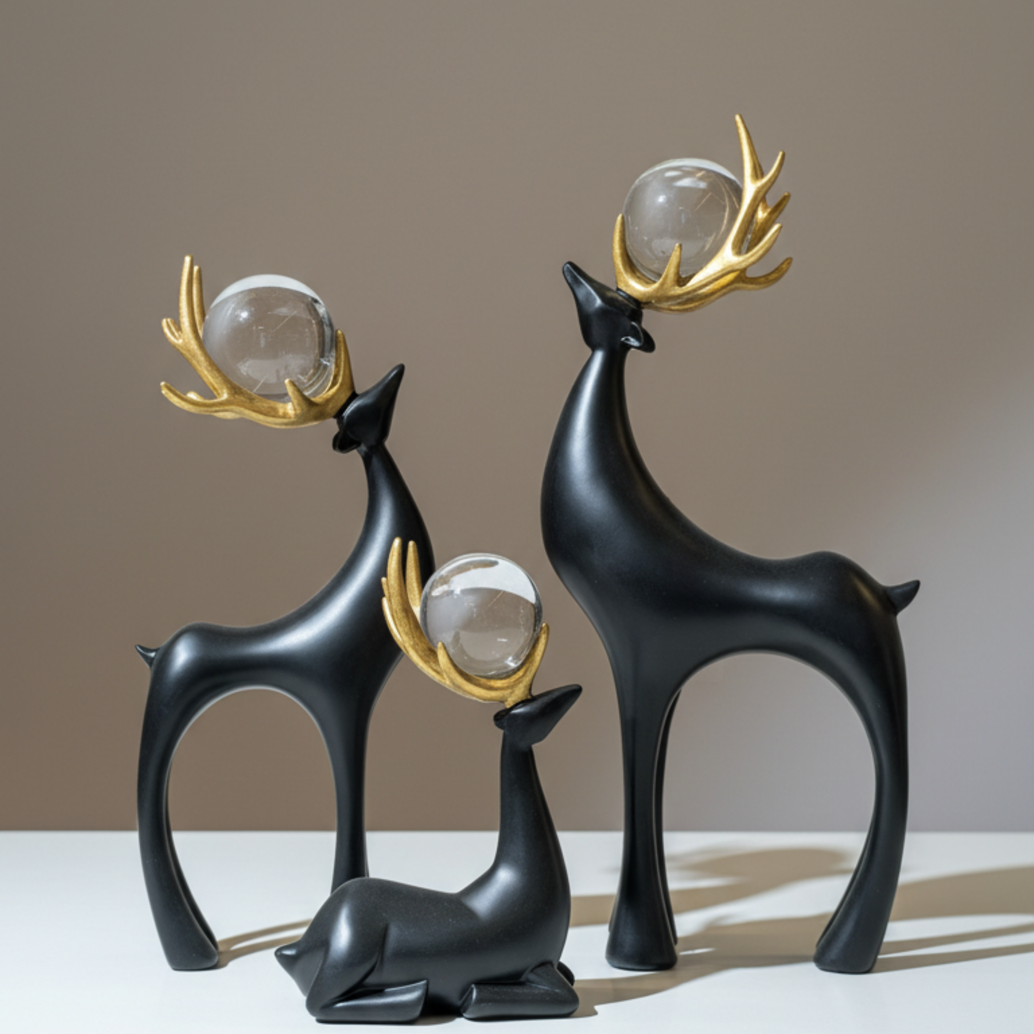 Black Deer Family Set of 3 Sculpture Figurine | Polyresin Tabletop Showpiece with Gilded Orb | Modern Interior Decor Accent