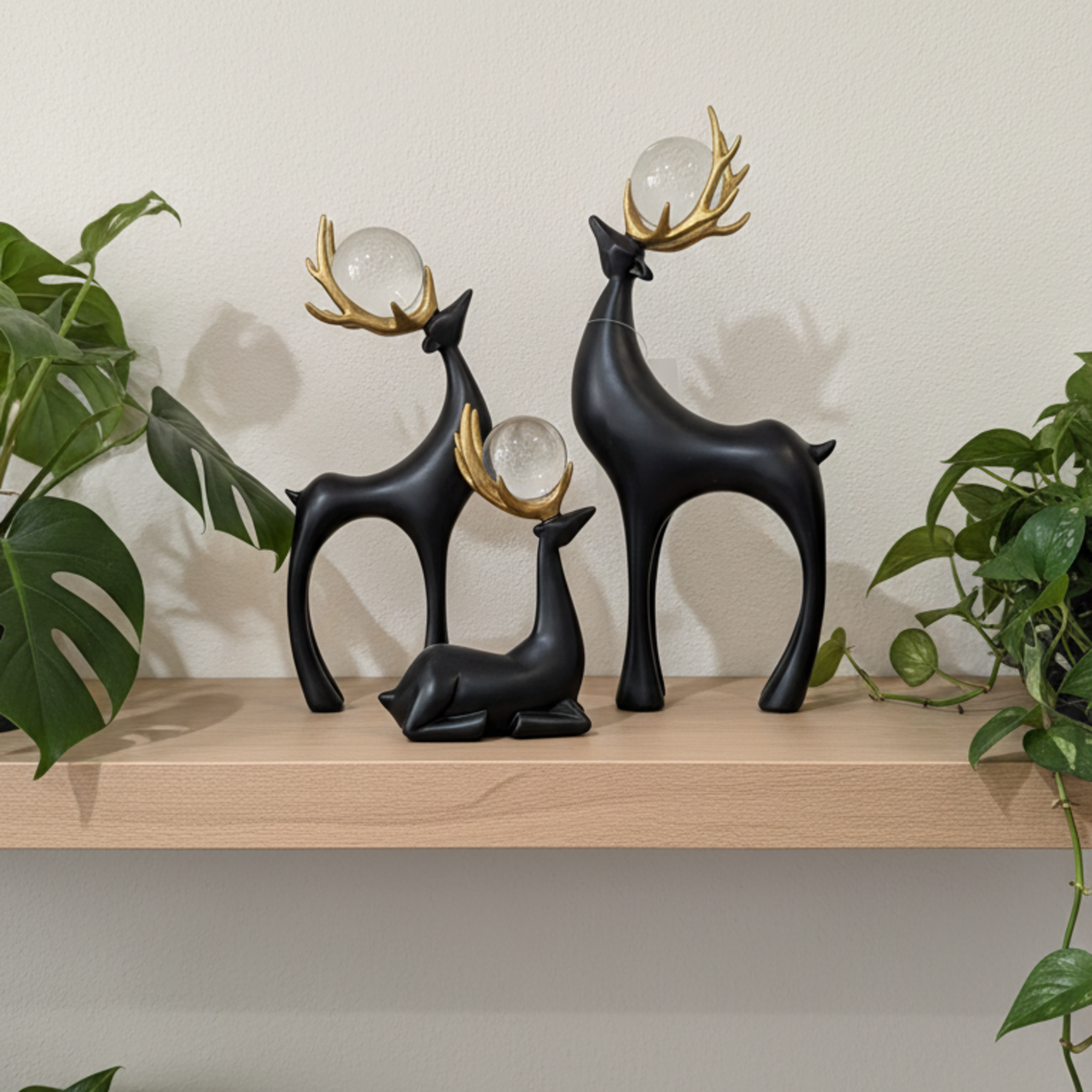 Black Deer Family Set of 3 Sculpture Figurine | Polyresin Tabletop Showpiece with Gilded Orb | Modern Interior Decor Accent