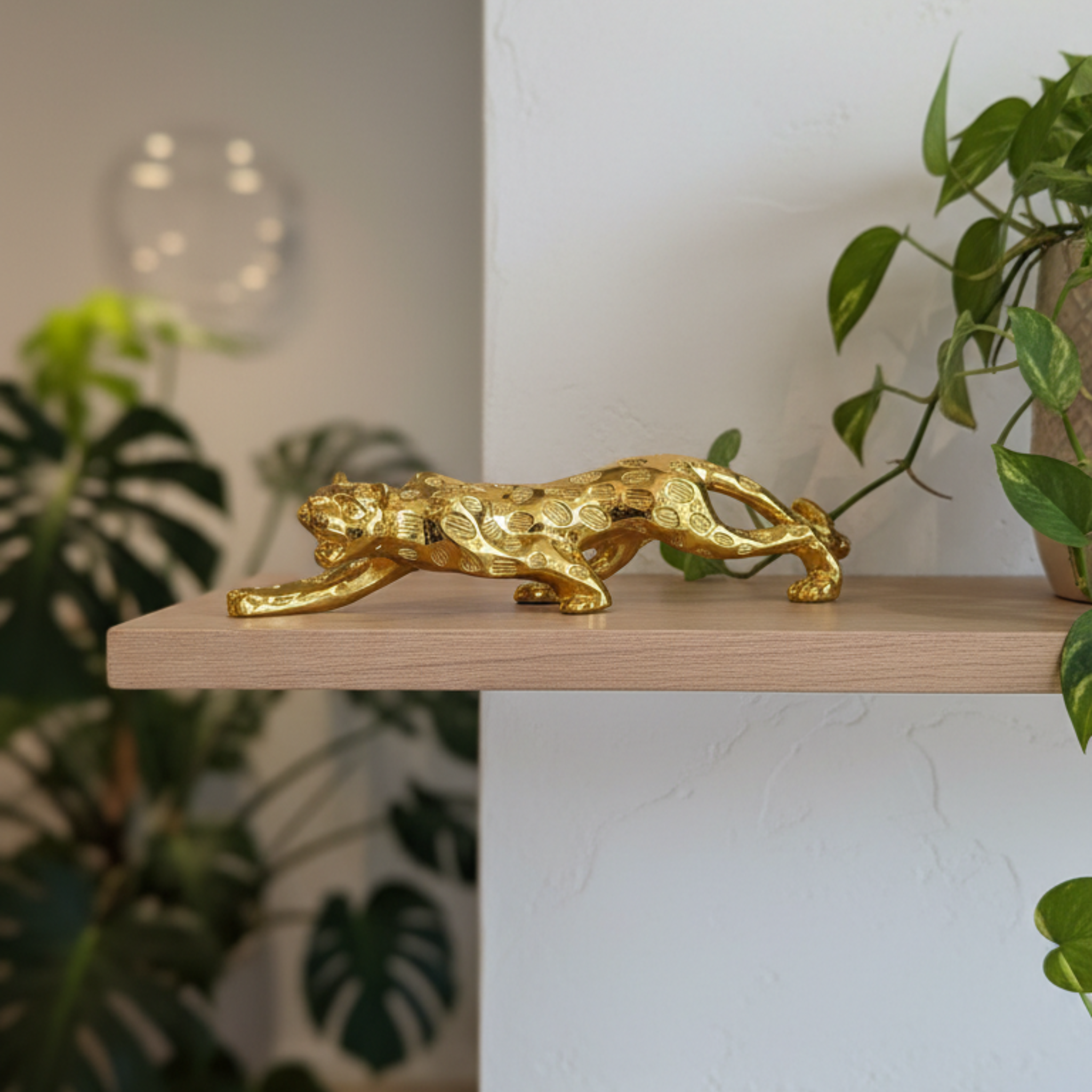 Walking Golden Leopard Figurine Polyresin Sculpture | Modern Wildlife Accent Decor