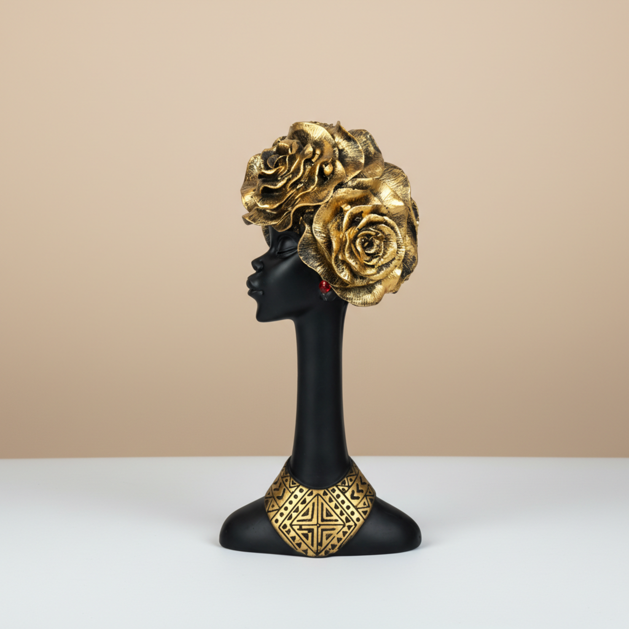 African Tall Lady | Polyresin Sculpture with Floral Headpiece | Modern Tabletop Decor