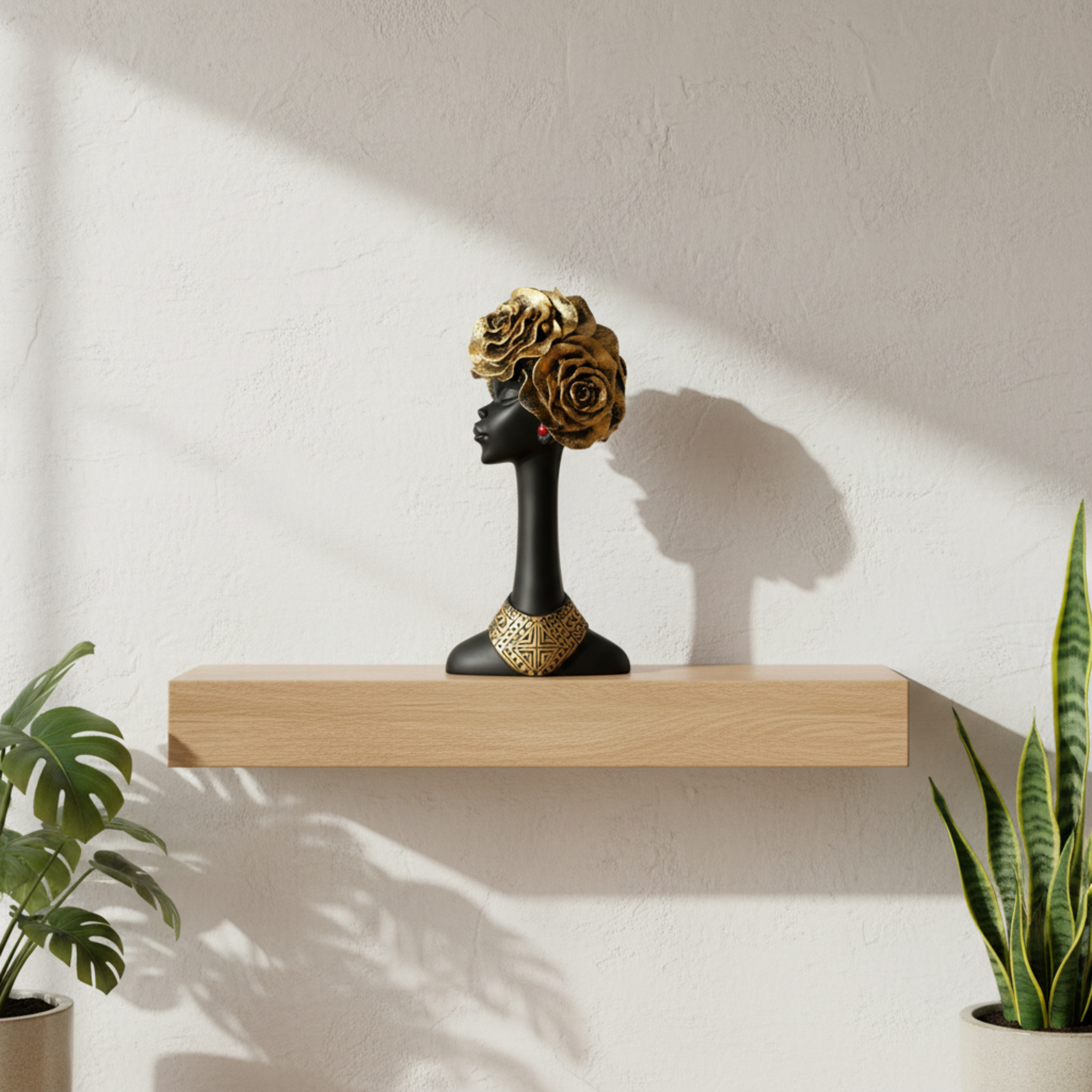 African Tall Lady | Polyresin Sculpture with Floral Headpiece | Modern Tabletop Decor