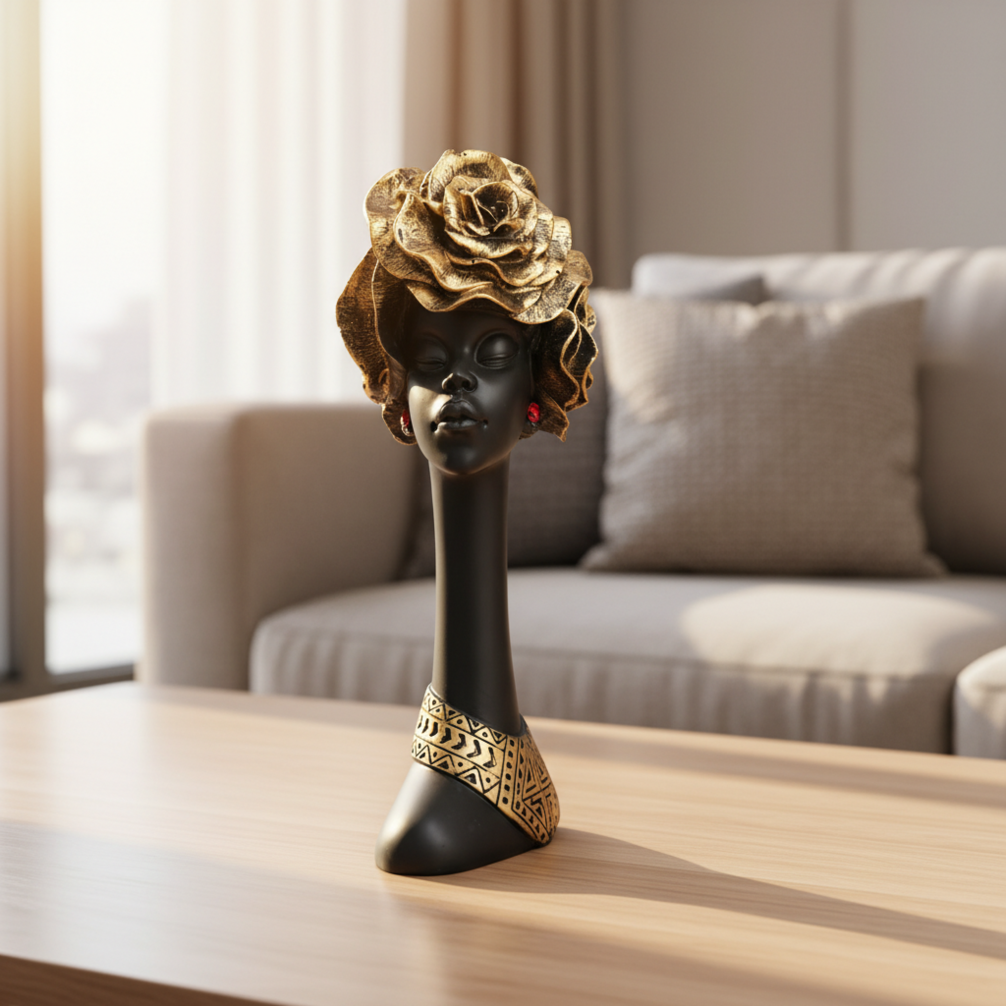 African Tall Lady | Polyresin Sculpture with Floral Headpiece | Modern Tabletop Decor