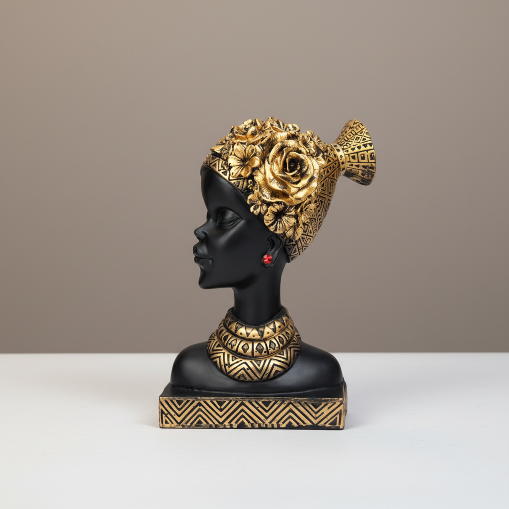 African Short Lady | Polyresin Sculpture with Floral Headpiece | Modern Tabletop Decor