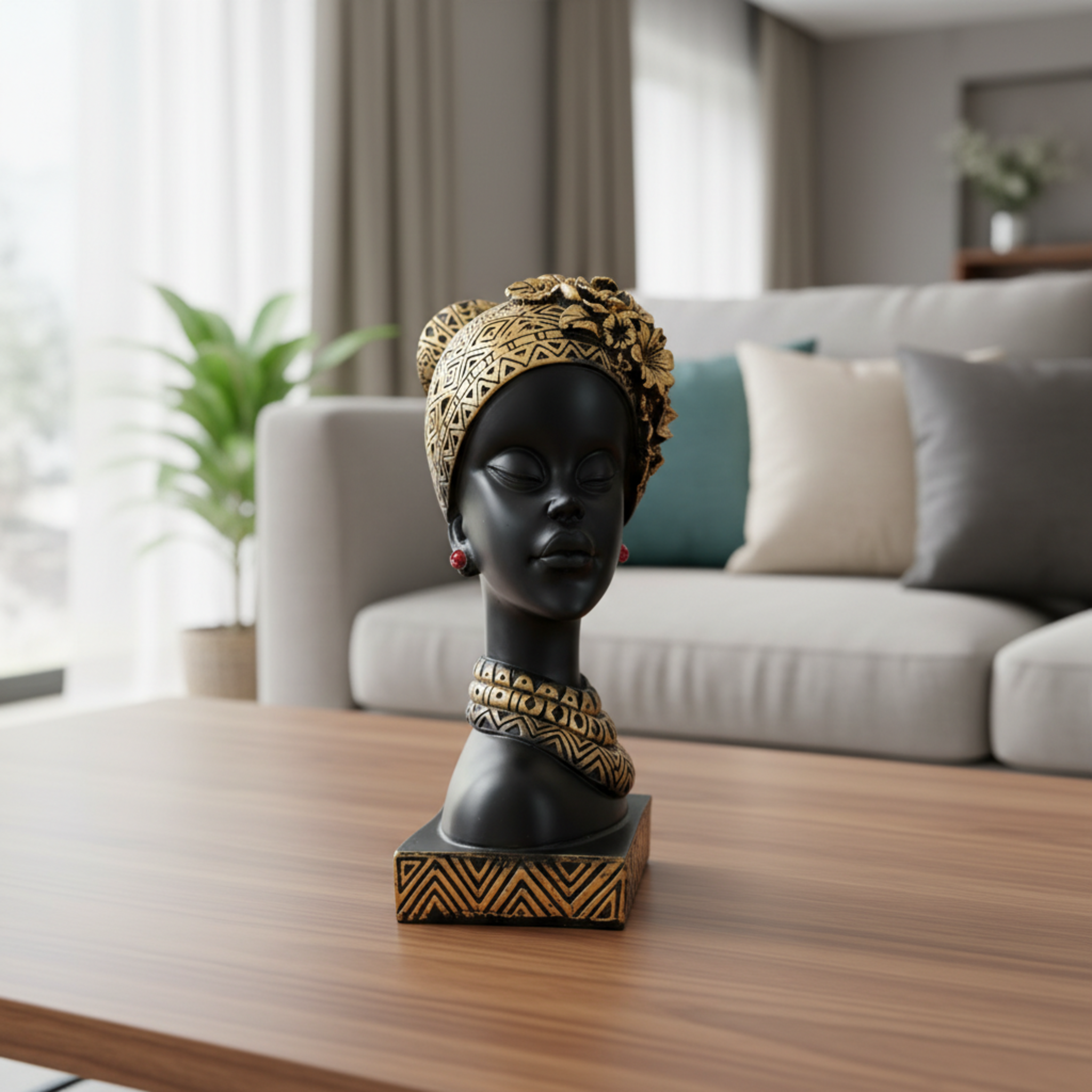 African Short Lady | Polyresin Sculpture with Floral Headpiece | Modern Tabletop Decor