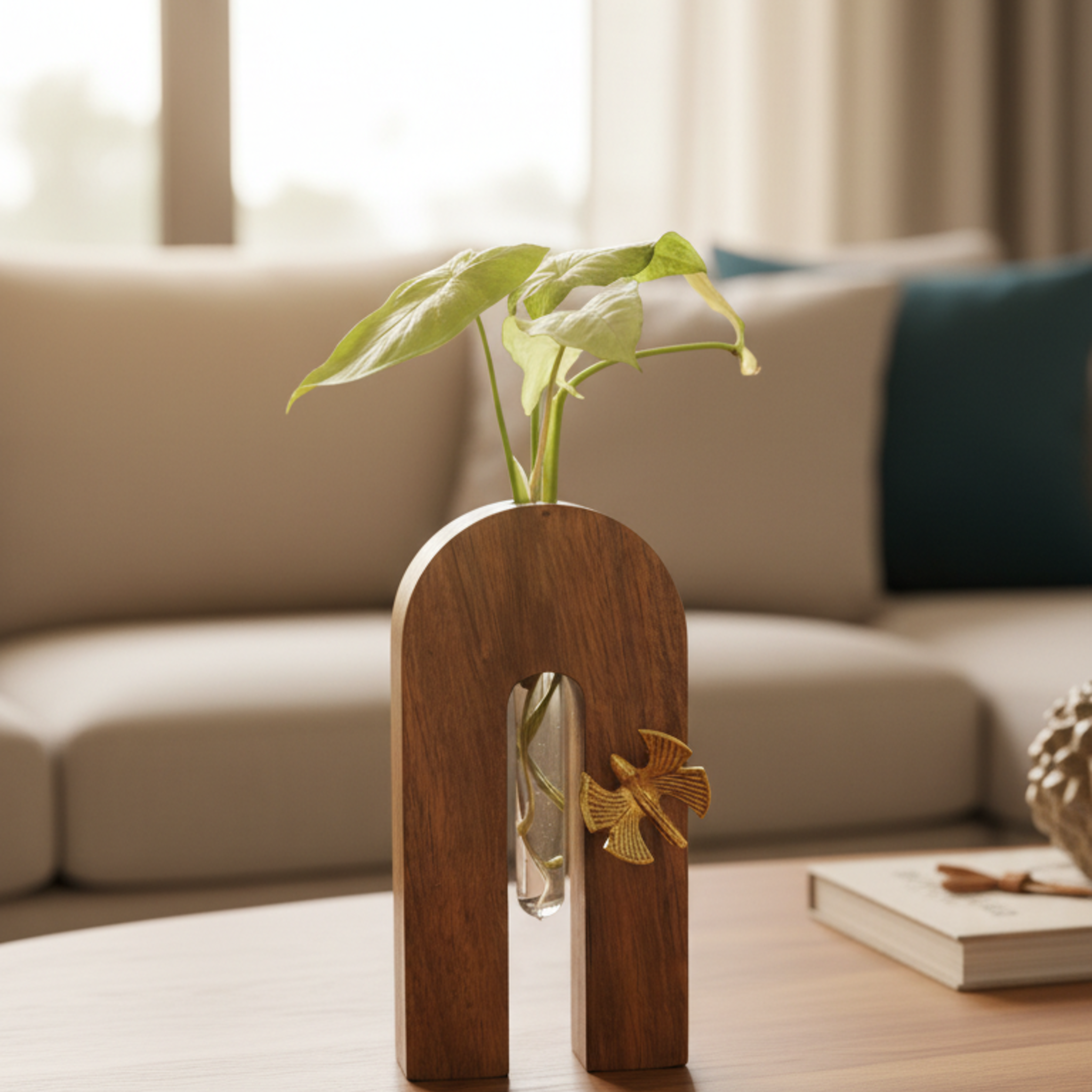 U-Shape Arch Propagation Planter with Metal Butterfly, Acacia Wooden Hydroponic Tabletop Decor