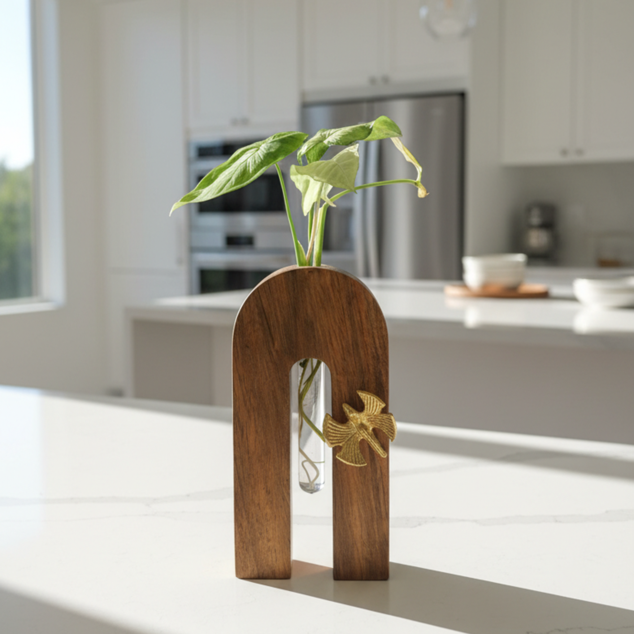 U-Shape Arch Propagation Planter with Metal Butterfly, Acacia Wooden Hydroponic Tabletop Decor