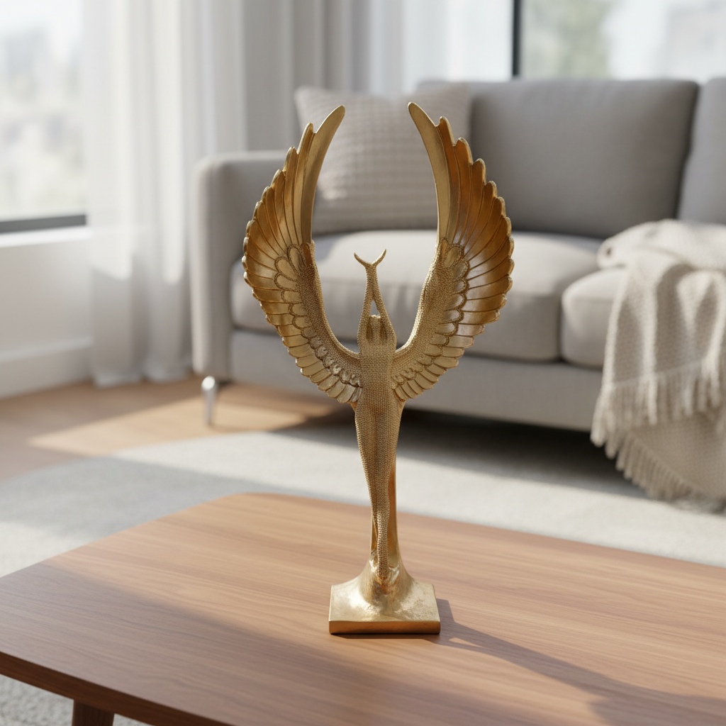 Winged Seated Lady Figure Sculpture, Abstract Tabletop Decor, Modern Art Showpiece