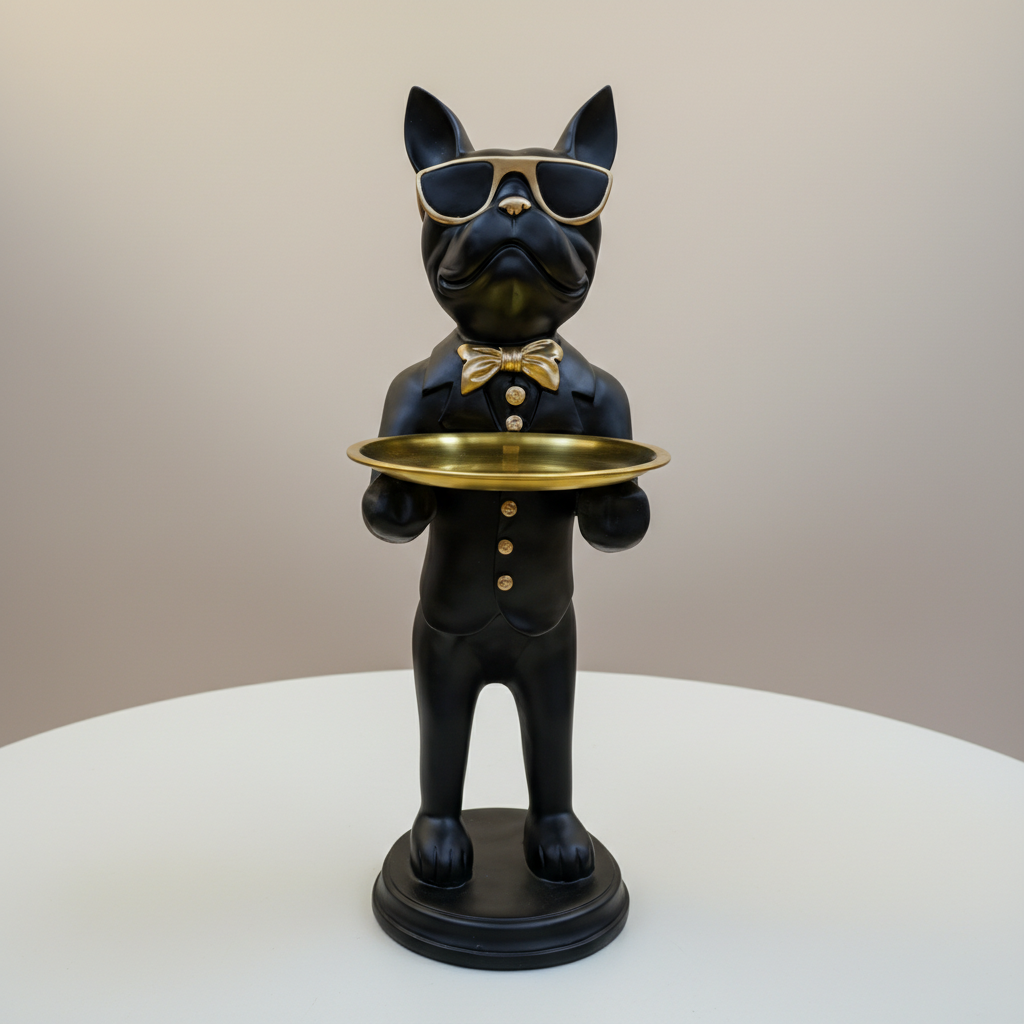 French Bulldog Butler Statue Modern Accent Decor Entryway Storage Tray Figurine