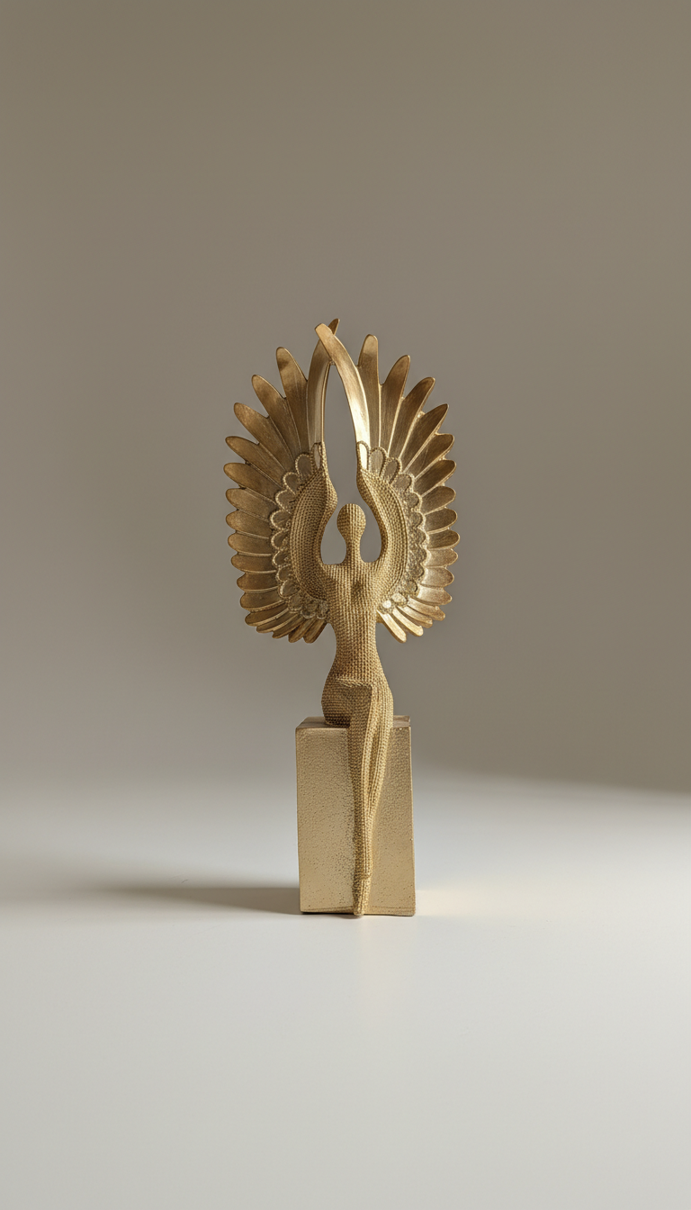 Art Deco Winged Standing Lady Figure Sculpture, Metallic Finish Table Accent
