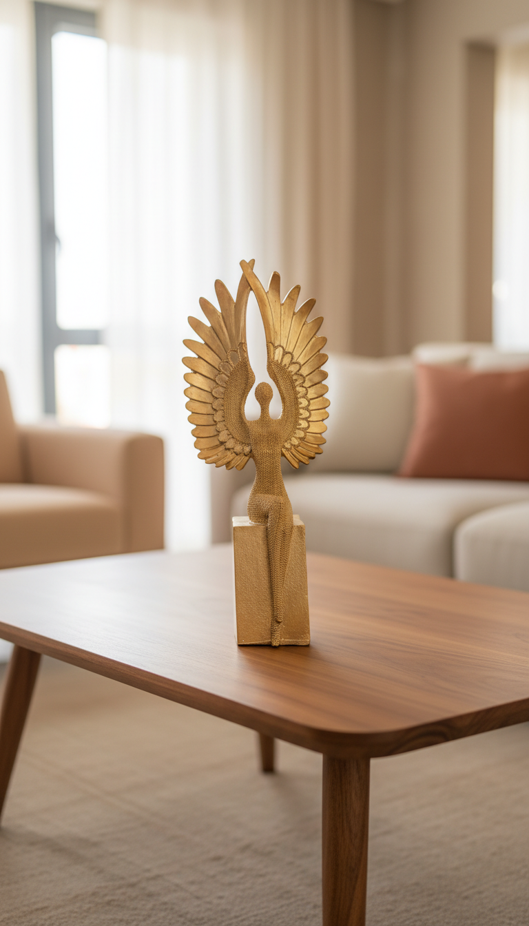 Art Deco Winged Standing Lady Figure Sculpture, Metallic Finish Table Accent