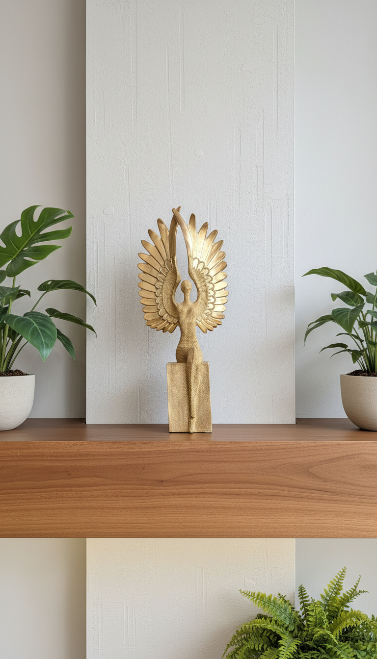 Art Deco Winged Standing Lady Figure Sculpture, Metallic Finish Table Accent