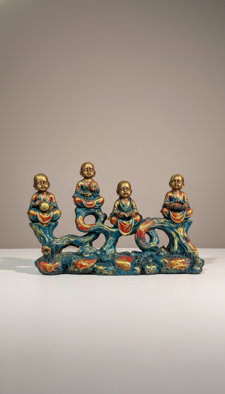Zen Little Monks Sculpture, Polyresin Decorative Showpiece, Four Sages on Root Base, Tabletop Accent