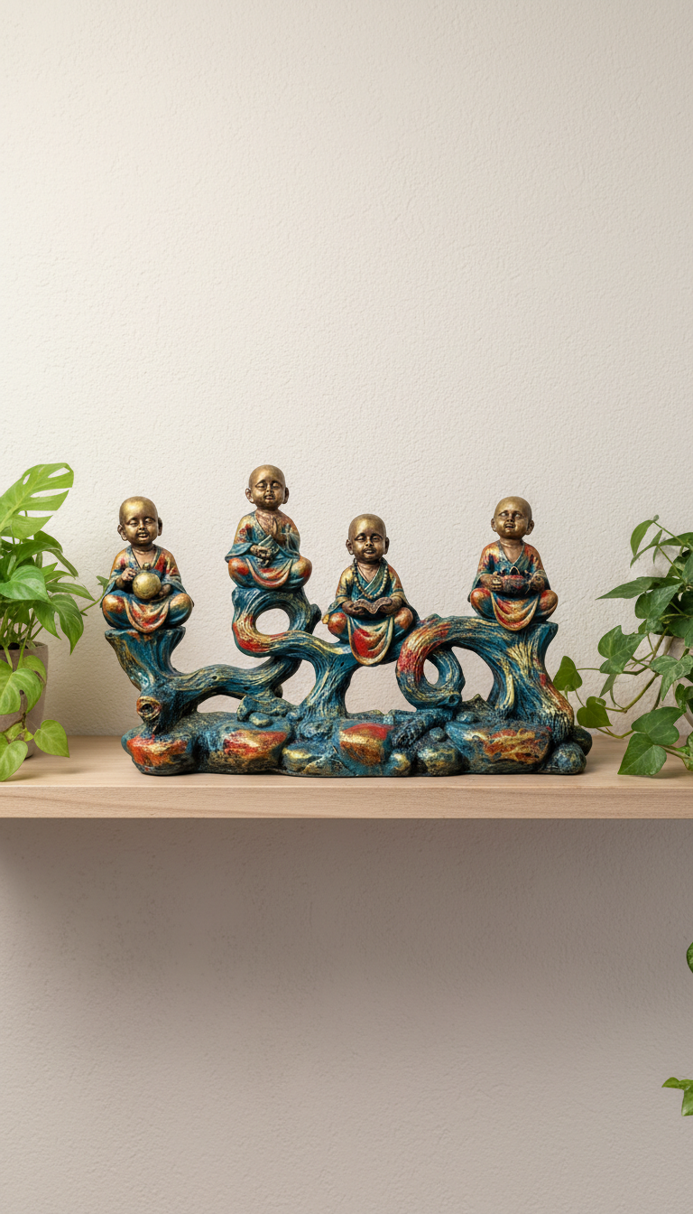 Zen Little Monks Sculpture, Polyresin Decorative Showpiece, Four Sages on Root Base, Tabletop Accent