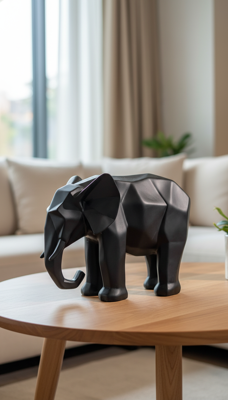 Geometric Black Elephant Decorative Sculpture, Modern Tabletop Accent