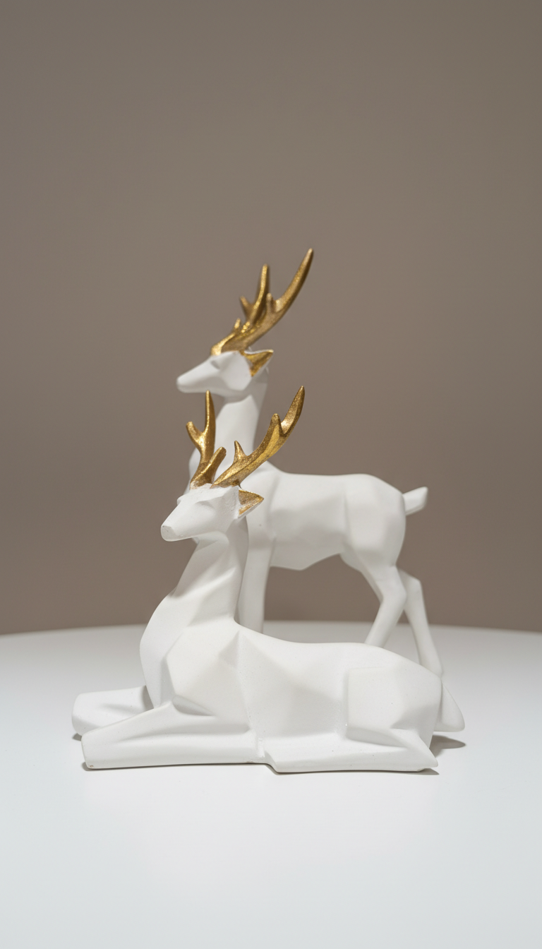 Geometric Deer Sculpture Set of 2 - Modern Deer Figurine Set for Tabletop Decor
