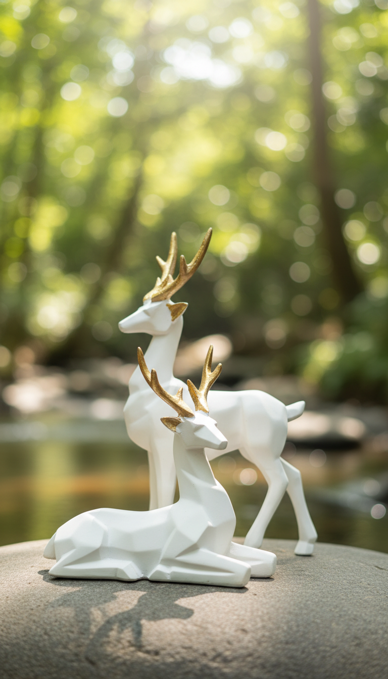 Geometric Deer Sculpture Set of 2 - Modern Deer Figurine Set for Tabletop Decor